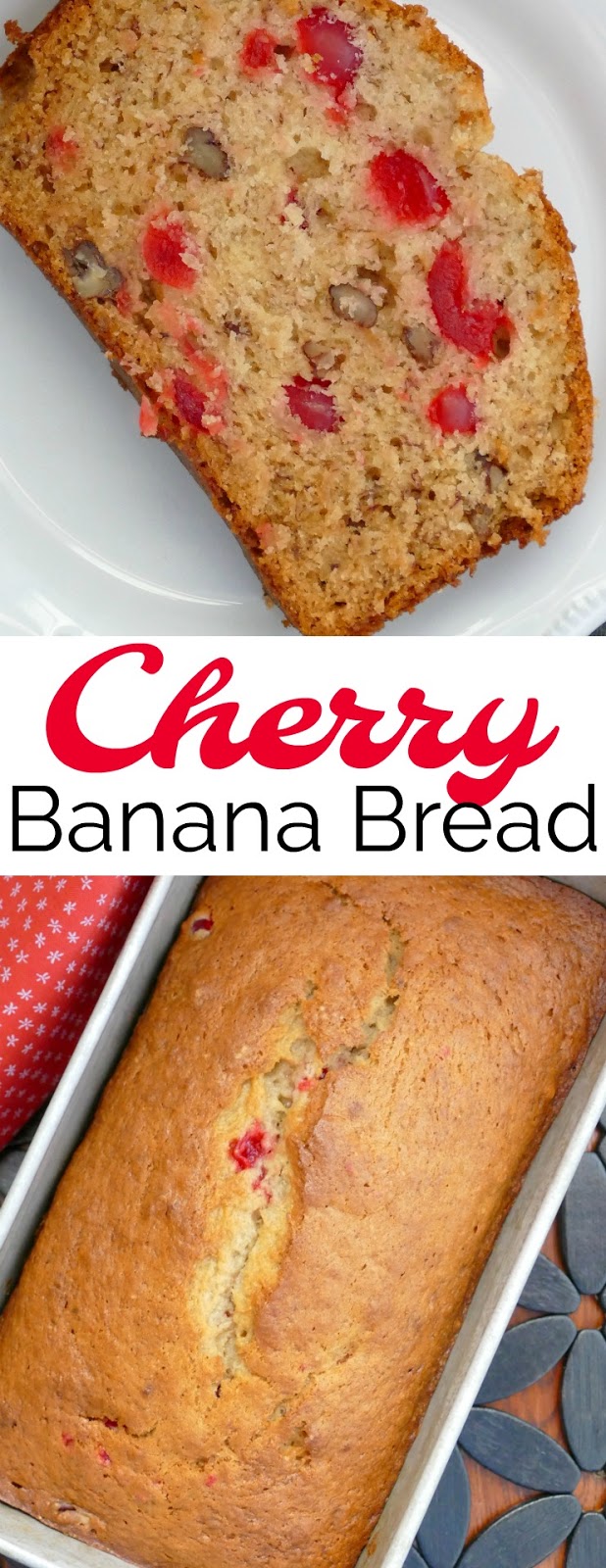 This delicious and easy quick bread is such a great way to use those ripe bananas! The maraschino cherries and pecans add so much flavor and it's great for breakfast, snack, the lunchbox or dessert!