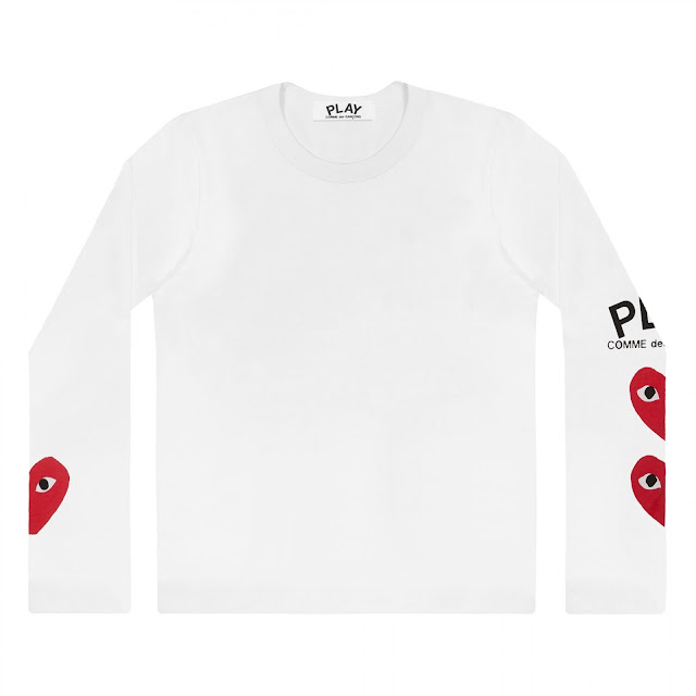 Play Comme des Garçons 3 Heart Long Sleeve (White) 100% Cotton Made in Japan Embroidered heart