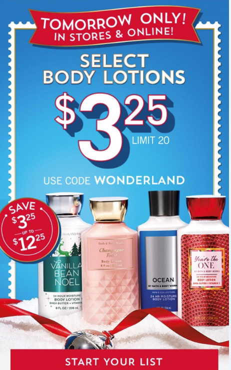 Life Inside the Page: Bath & Works | Try It To Believe It Saturday Sale - November 14, | $3.25 Body Lotions