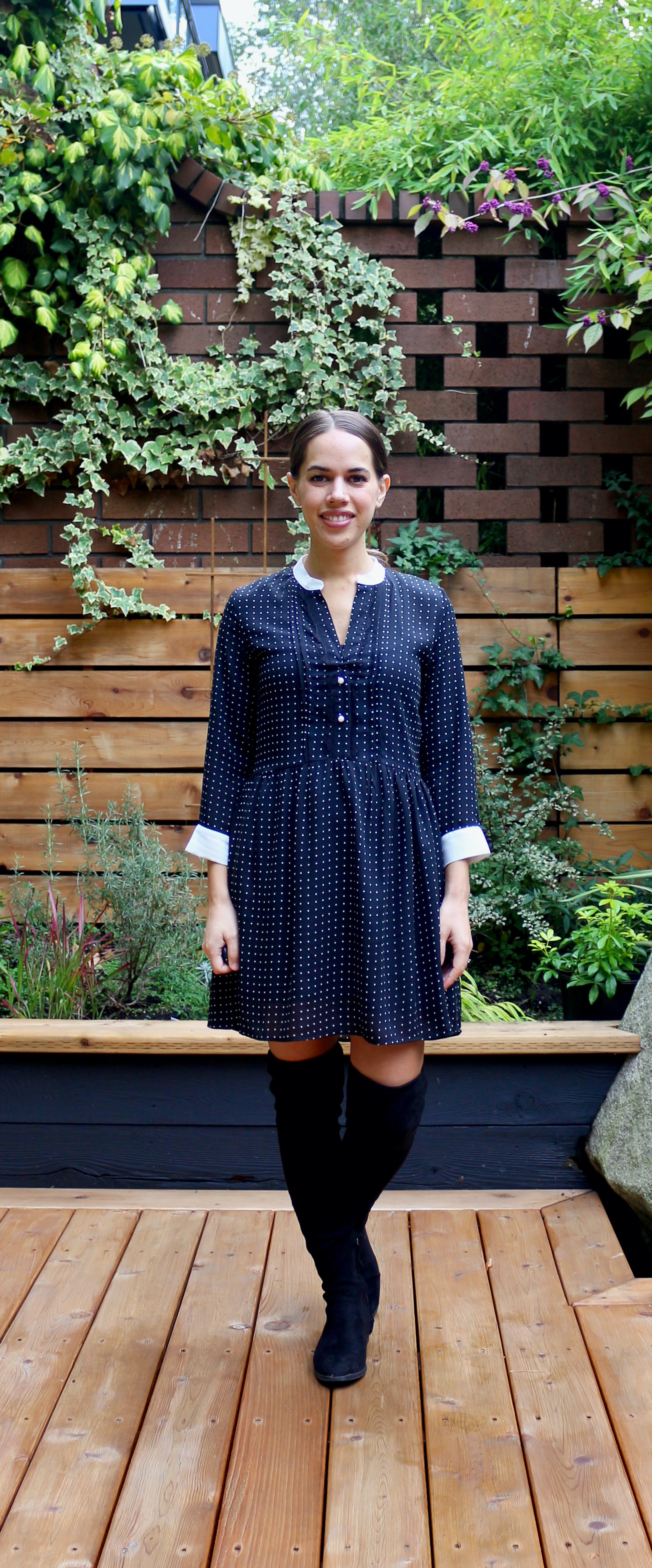 Jules in Flats - Polka Dot Swing Mini Dress with OTK Boots (Business Casual Workwear on a Budget)