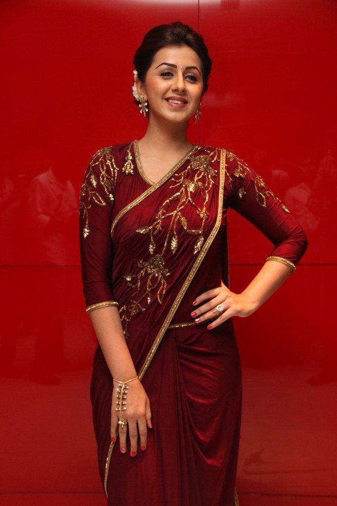 Tamil Actress Nikki Galrani In Maroon Saree At Audio Launch