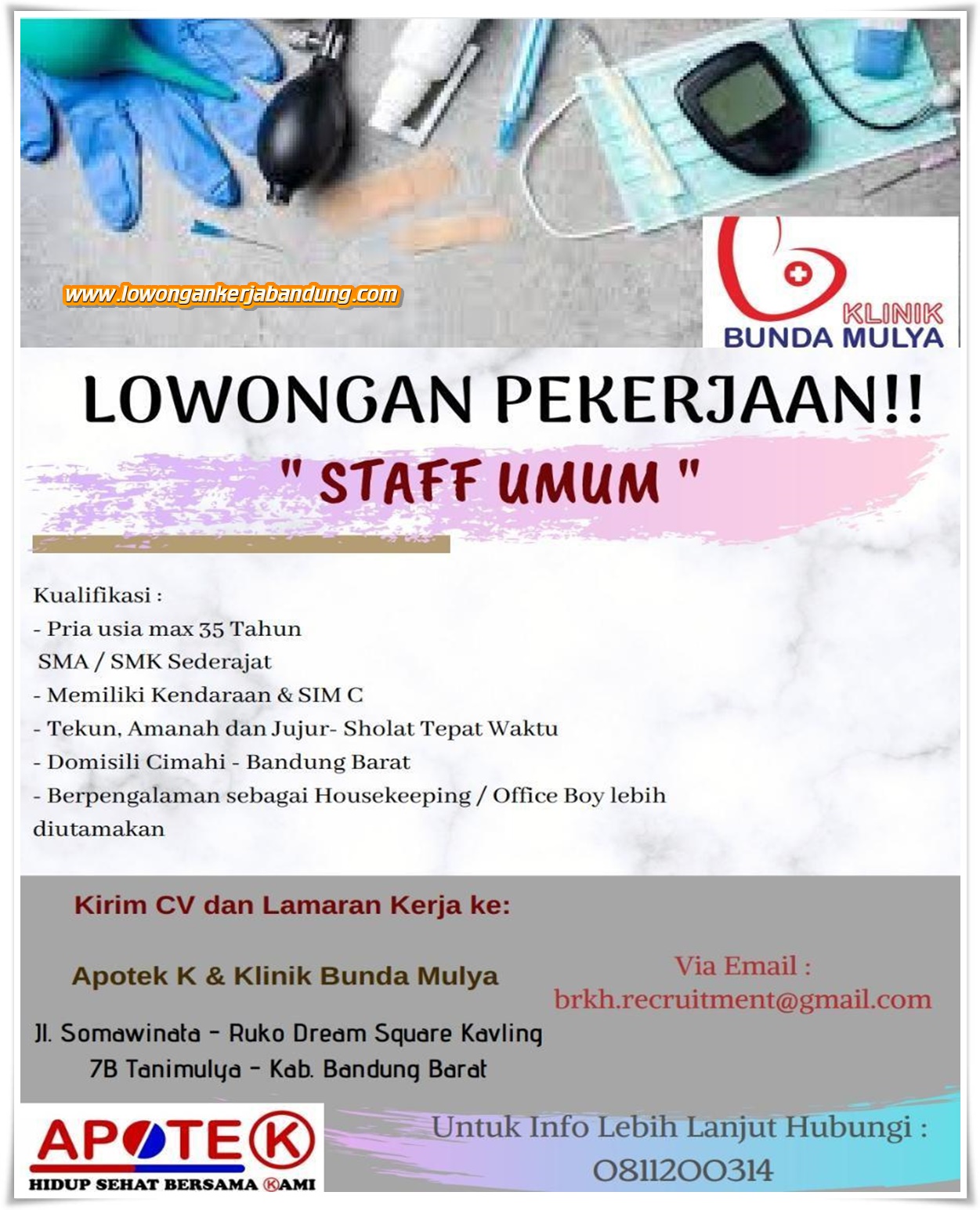 Lowongan Kerja Bandung Staff Umum Klinik Bunda Mulya - Lowongan Kerja