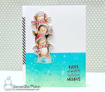 Piles of Warm Winter Wishes Card by Samantha Mann for Newton's Nook Designs, Winter card, cards, Penguins, Distress Inks, Ink blending, #newtonnook #penguins #wintercard #winter #distressink #inkblending