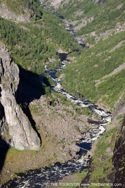 The view from the Fossli Hotel over the canyon towards the bridge that leads to the Vøringsfossen waterfall