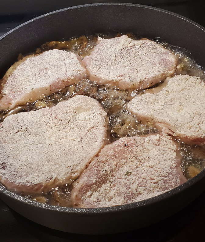 this floured pork frying in oil
