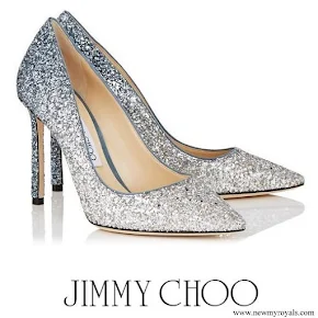 Kate Middleton wore Jimmy Choo Romy 100 Silver and Dusk Blue Fireball Glitter Dégradé Fabric Pointy Toe Pumps