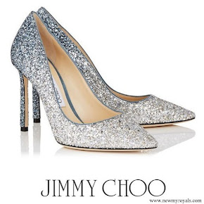 Kate Middleton wore Jimmy Choo Romy 100 Silver and Dusk Blue Fireball Glitter Dégradé Fabric Pointy Toe Pumps