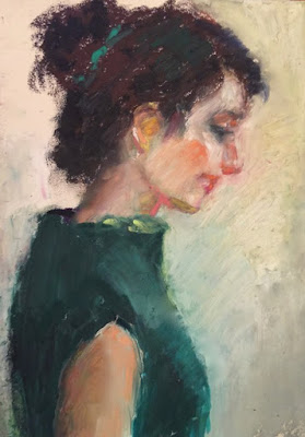 oil pastel profile portrait painting of young woman in green dress