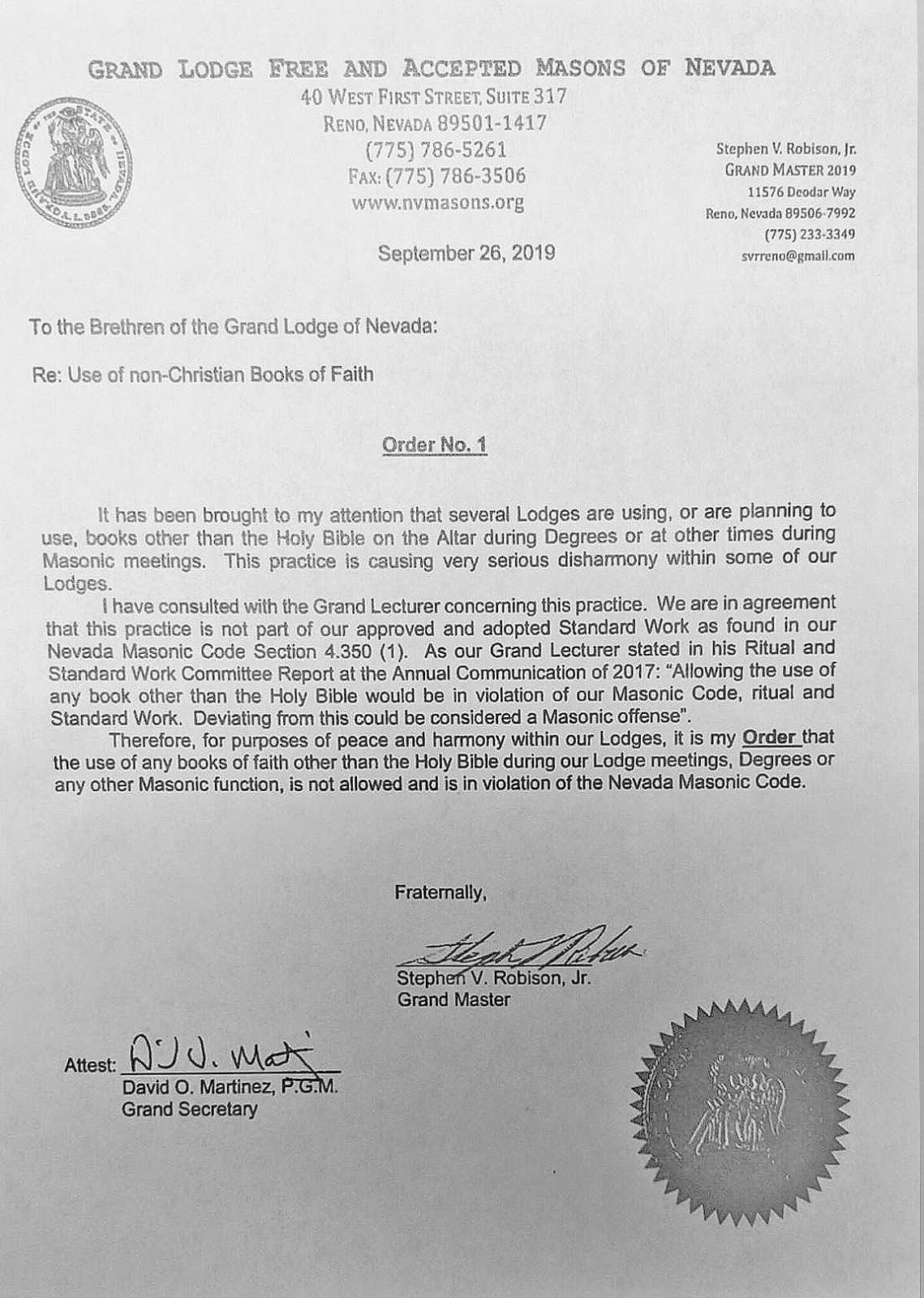 Freemasons For Dummies GM of Nevada Rules 'No Multiple Volumes of