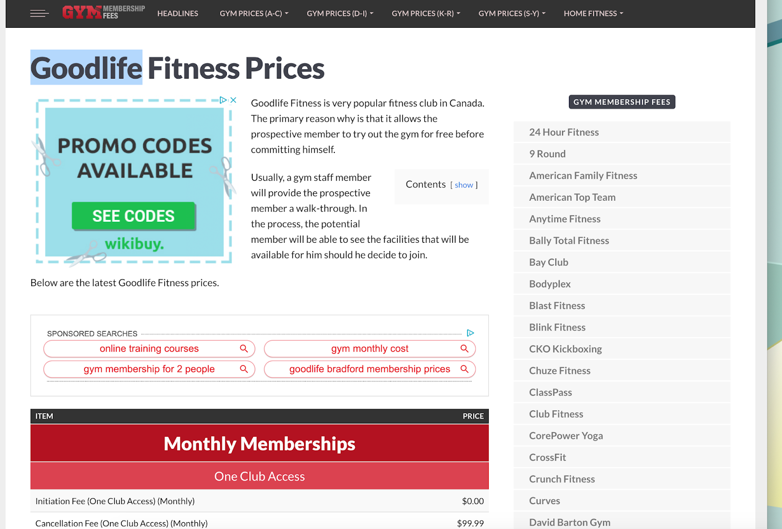 Goodlife Fitness Prices