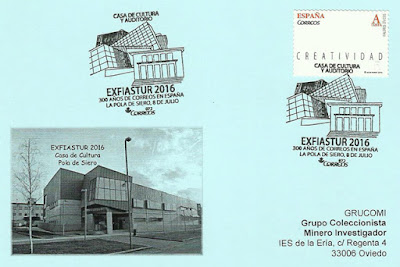 Tarjeta de Grucomi con el matasellos de EXFIASTUR 2016