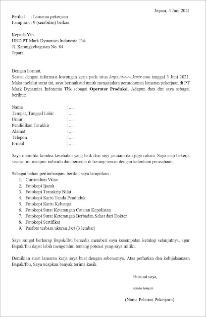 Contoh Surat Lamaran Kerja Untuk Operator Produksi (Fresh Graduate) Berdasarkan Informasi Dari Website Contoh Application Letter Untuk Operator Produksi (Fresh Graduate) Berdasarkan Informasi Dari Website
