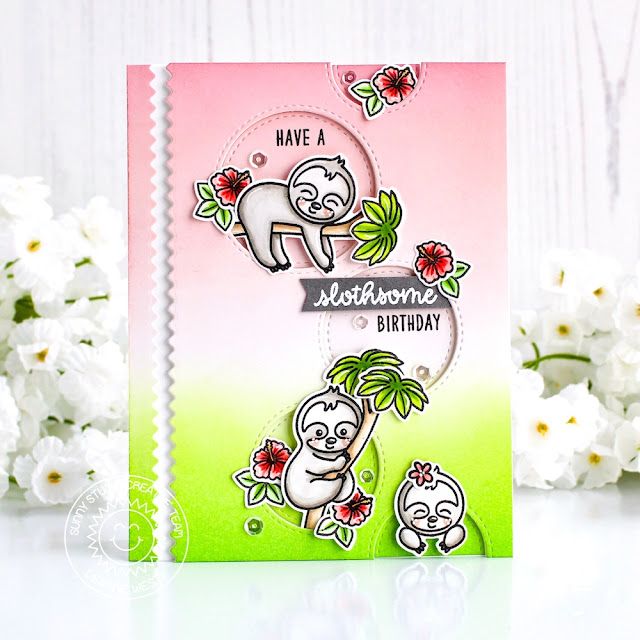 Sunny Studio Stamps: Silly Sloths Staggered Circles Ric Rac Borders Fancy Frames Sloth Themed Cards by Leanne West and Eloise Blue