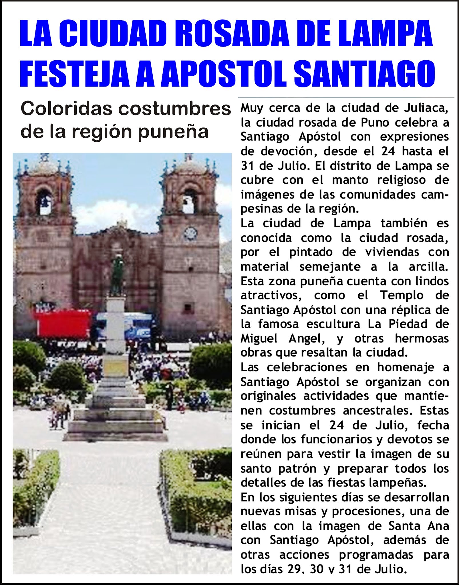 Folclore Eterno Peru Ciudad de Lampa rinde homenaje al Apostol Santiago