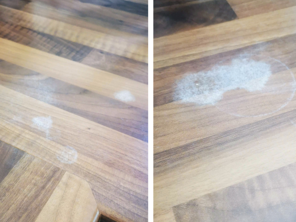 Two side by side images of the wood effect kitchen worktop at room and roof southampton. Both images show damage to the worktops. The damage is white scuffs that have taken away the wood veneer.