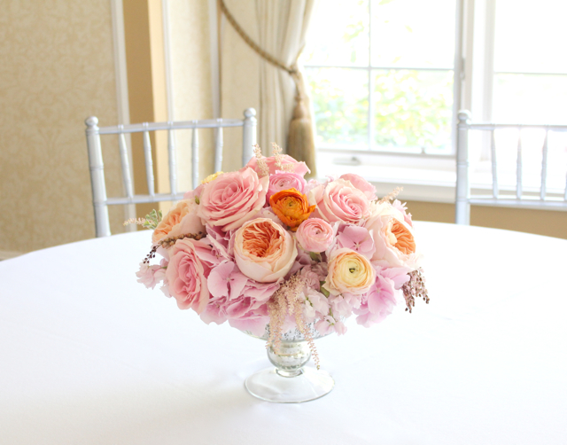 mercury glass compote for barton hills wedding centerpiece filled with ranunculus juliet garden roses peach pink jumbo hydrangea andromeda pieres coral roses, stock flower astilbe by sweet pea floral design ann arbor detroit