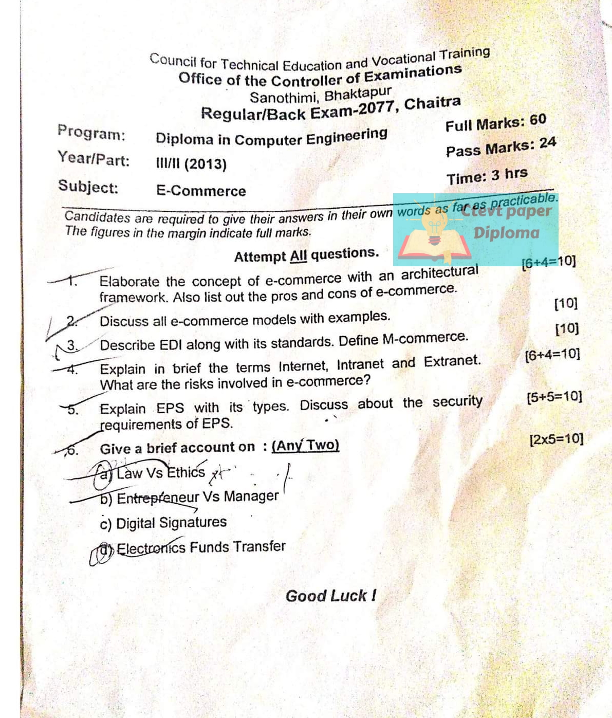 CTEVT Question paper Diploma in Computer Engineering