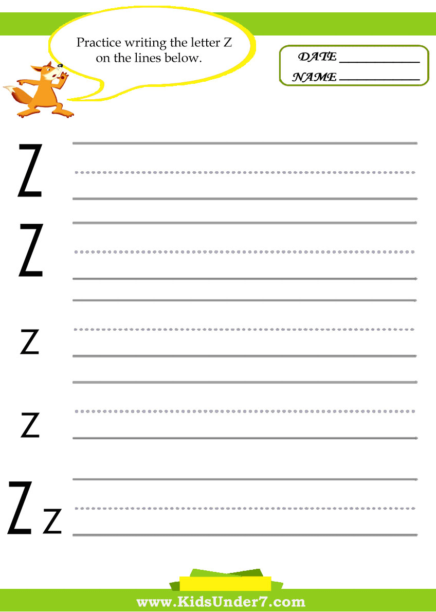 kids under 7 letter z practice writing worksheet