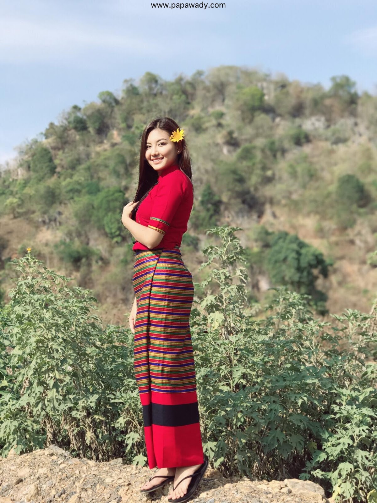 May Myint Mo Beautiful Red Burmese Fashion Style At Ho Pone Town in Myanmar