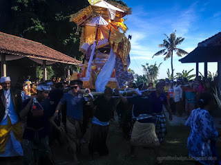Group Of Men Carrying Wooden Wadah Contains The Dead Body Move Around The Burning Place In Balinese Ngaben Ceremony At The Village