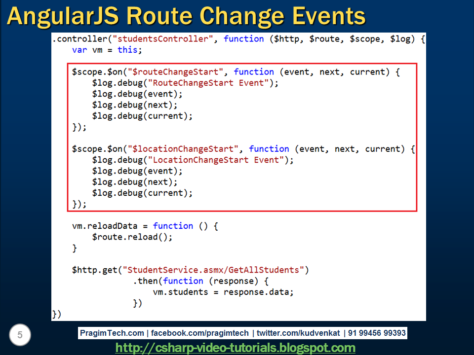 Sql server, .net and c# video tutorial: AngularJS route change events