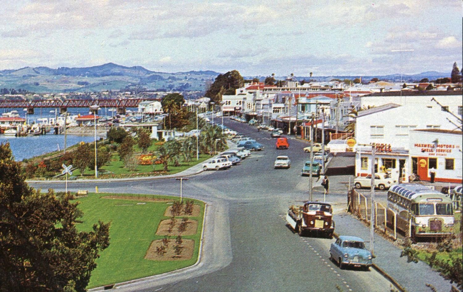 transpress nz vehicles on The Strand, Tauranga, 1960s
