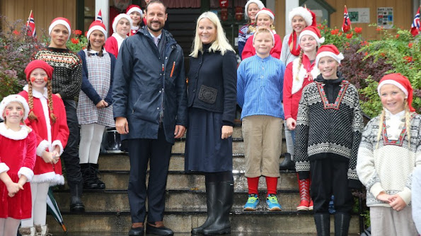 Crown Princess Mette-Marit of Norway and Crown Prince Haakon of Norway visit Drobak town square on an official county visit to Akershus