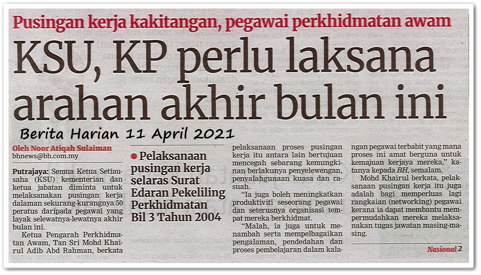KSU, KP perlu laksana arahan akhir bulan ini - Keratan akhbar Berita Harian 11 April 2021
