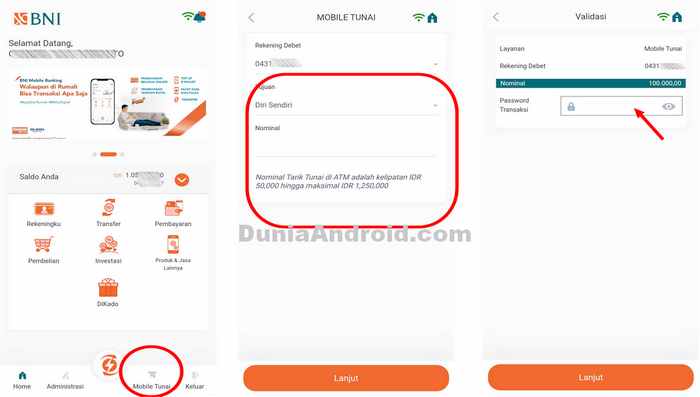 Menu cash di program mobile banking BNI Menu cash di program mobile banking BNI