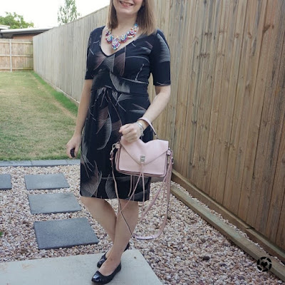 awayfromtheblue | leona Edmiston black fern print dress matching rebecca minkoff blush messenger bag