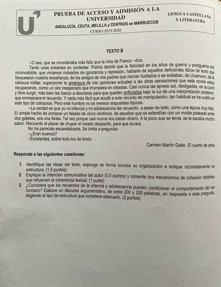 Examen Lengua Selectividad Andalucía 2020