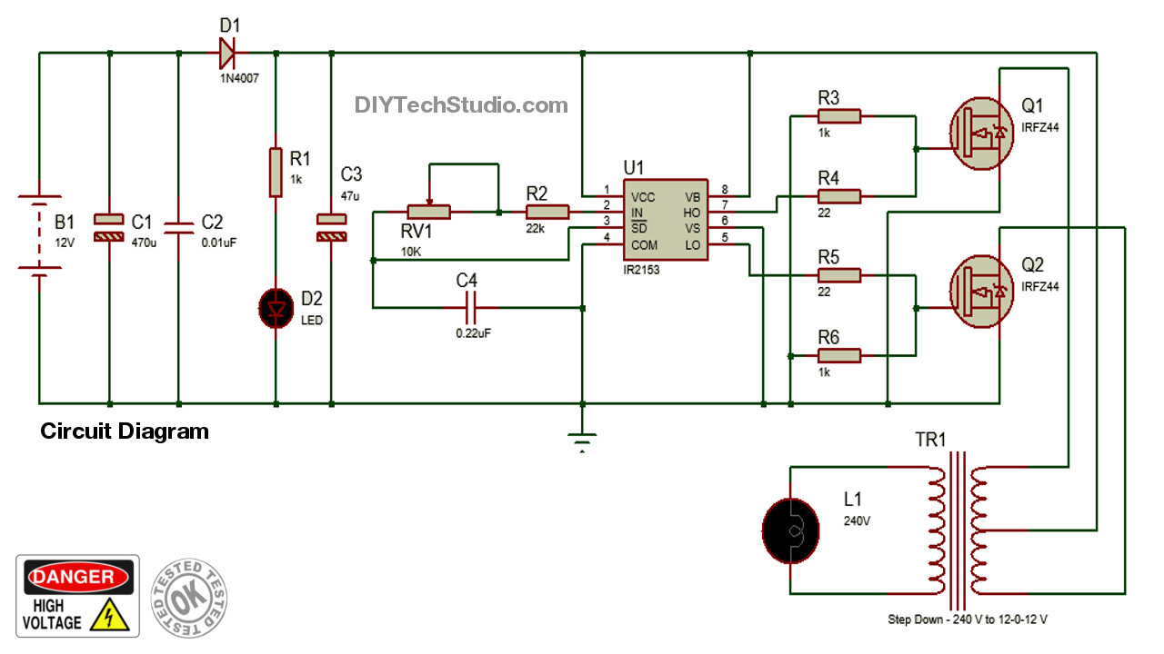 DIYTechStudio 12V to 220V inverter using IR2153 with