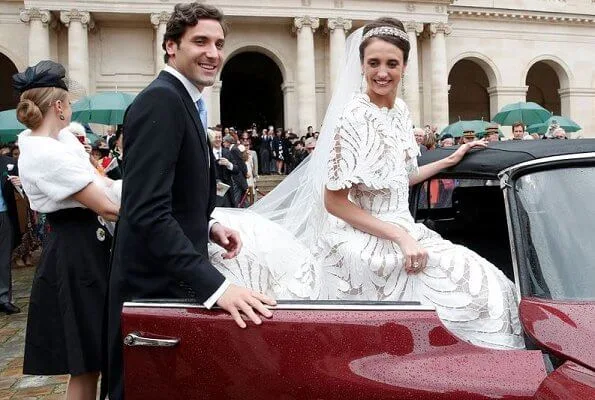 Diamond tiara. Princess Alessandra in Andrew Gn dress, Princess Beatrice in Topshop coat and The Vampire's Wife dress. Princess Stephanie