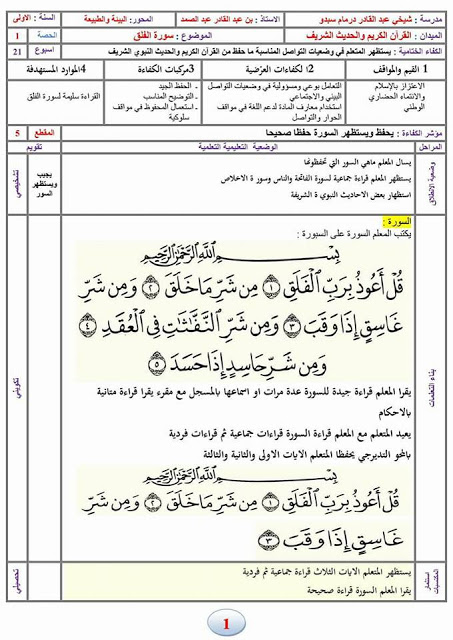 مذكرة سورة الفلق السنة الاولى ابتدائي