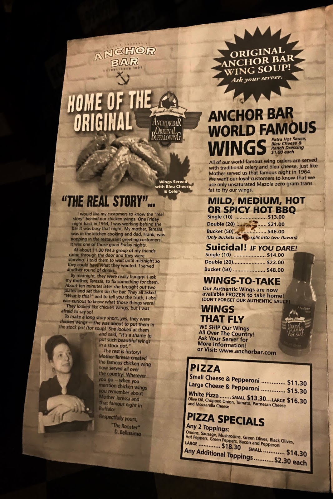 Anchor Bar Buffalo Menu