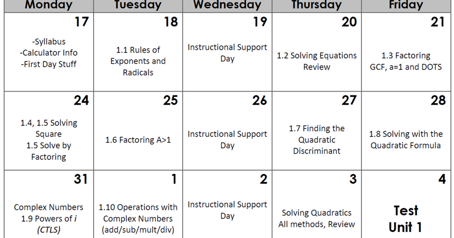 ALGEBRA II CALENDAR THROUGH FALL BREAK ALGEBRA II CALENDAR THROUGH FALL BREAK