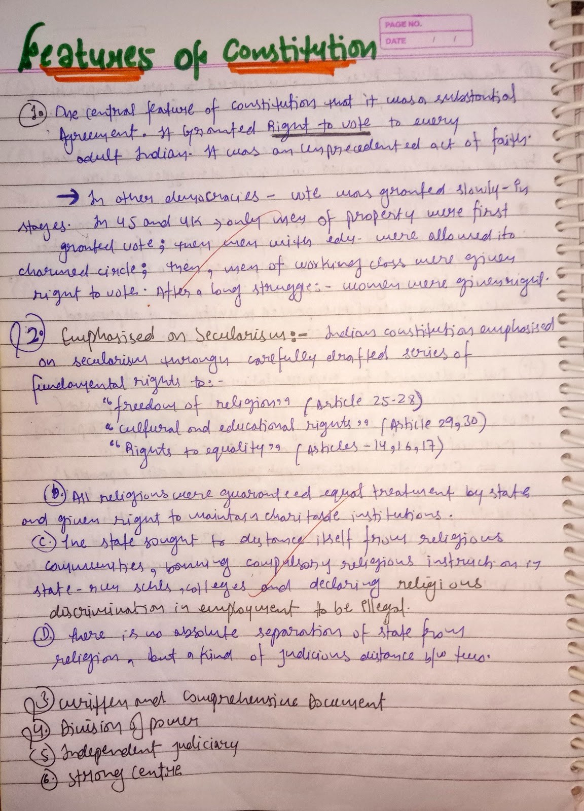 Handwritten Notes of FRAMING THE CONSTITUTION History Class 12th