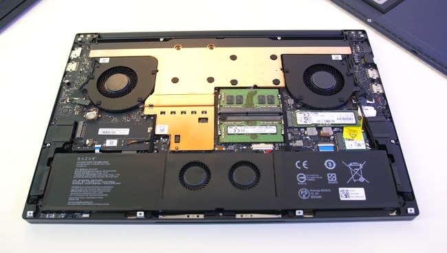 I have removed the bottom panel of the Razer Blade Pro 17 gaming laptop to show the processor and graphics chip.