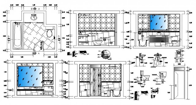 BATHROOM PLAN WITH DETAIL PLAN AND SECTION DRAWING IN AUTOCAD
