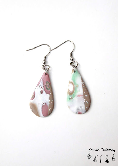 Boucles d'oreilles pâte polymère Mokume Gane Blanc Rose Antique Taupe Vert Feuilles d'Argent Stenna Création