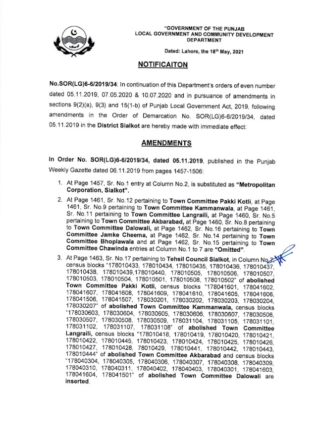 DEMARCATION OF TEHSIL COUNCILS AND ABOLISHED TOWN COMMITTEES OF DISTRICT SIALKOT