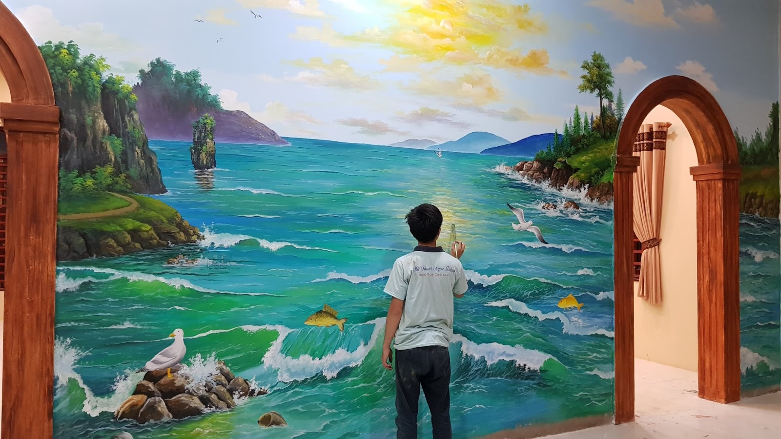 Vẽ Tranh Tường Tại TPHCM 2022 [ MỸ THUẬT NGỌC THẮNG ]: Vẽ tranh tường phong cảnh  biển 3D Tại TPHCM
