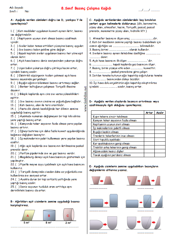 8 Sinif Basinc Calisma Kagidi Fenbilim Net