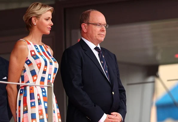 Princess Charlene wore AKRIS sleeveless colorful silk spring summer dress. Princess Charlene wore Jimmy Choo Red Suede Pointy Toe Pumps