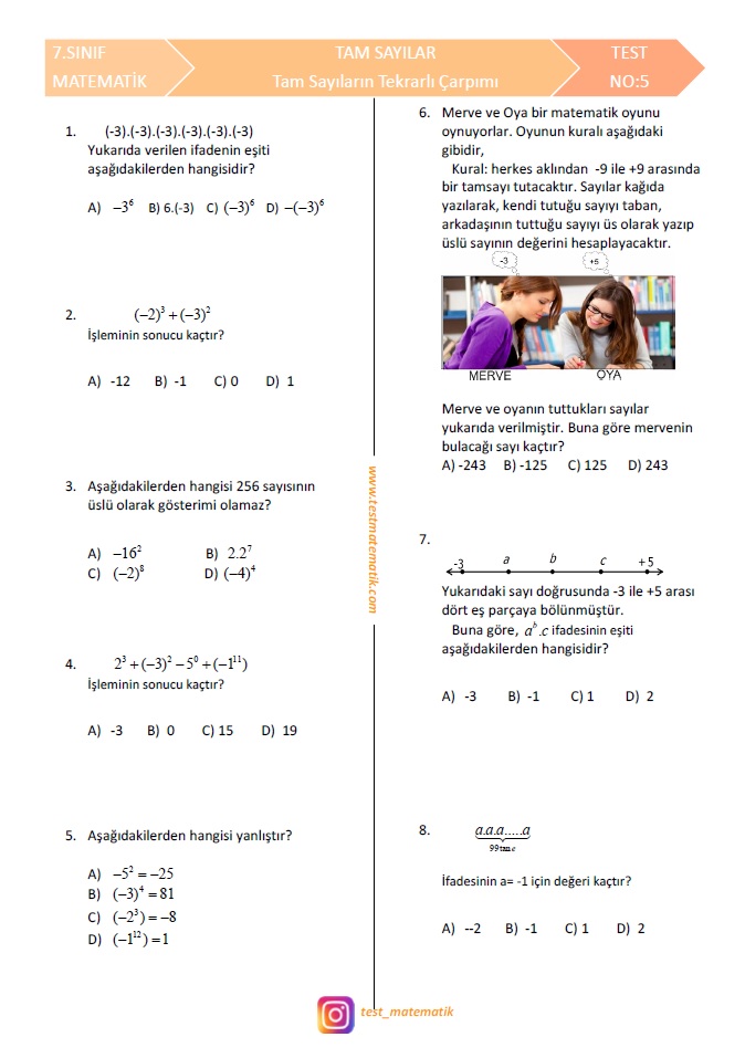 7 Sinif Tam Sayilar Test 5 Test Matematik