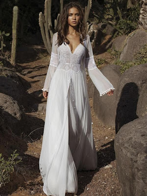 Lace V-neck Flared Backless Two Piece Maxi Dress Weddings by K'Mich-boho dresses - wedding planning - wedding dresses - lace hollow flared sleeves evening dresses - oshoplive