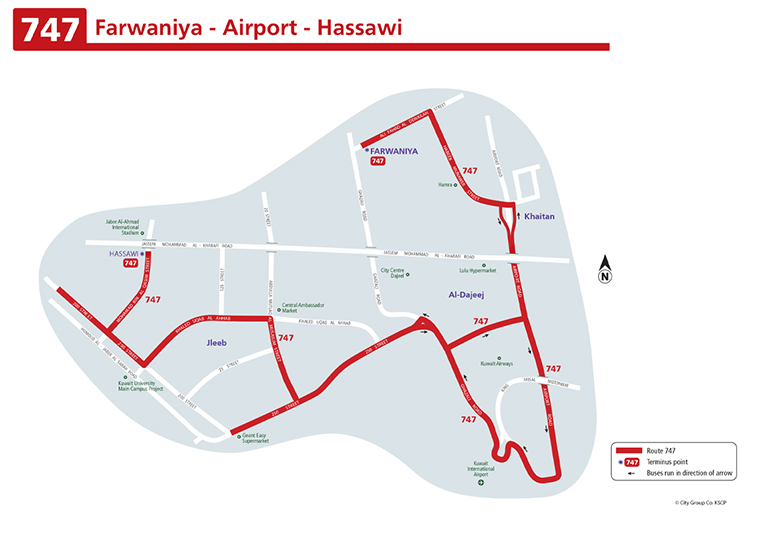 Kuwait Bus Route 747, Hassawi to Jleeb to Airport