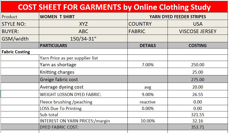 Garment Costing Sheet