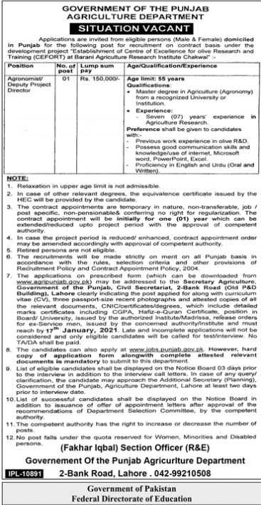Agriculture Department Lahore Jobs 2021