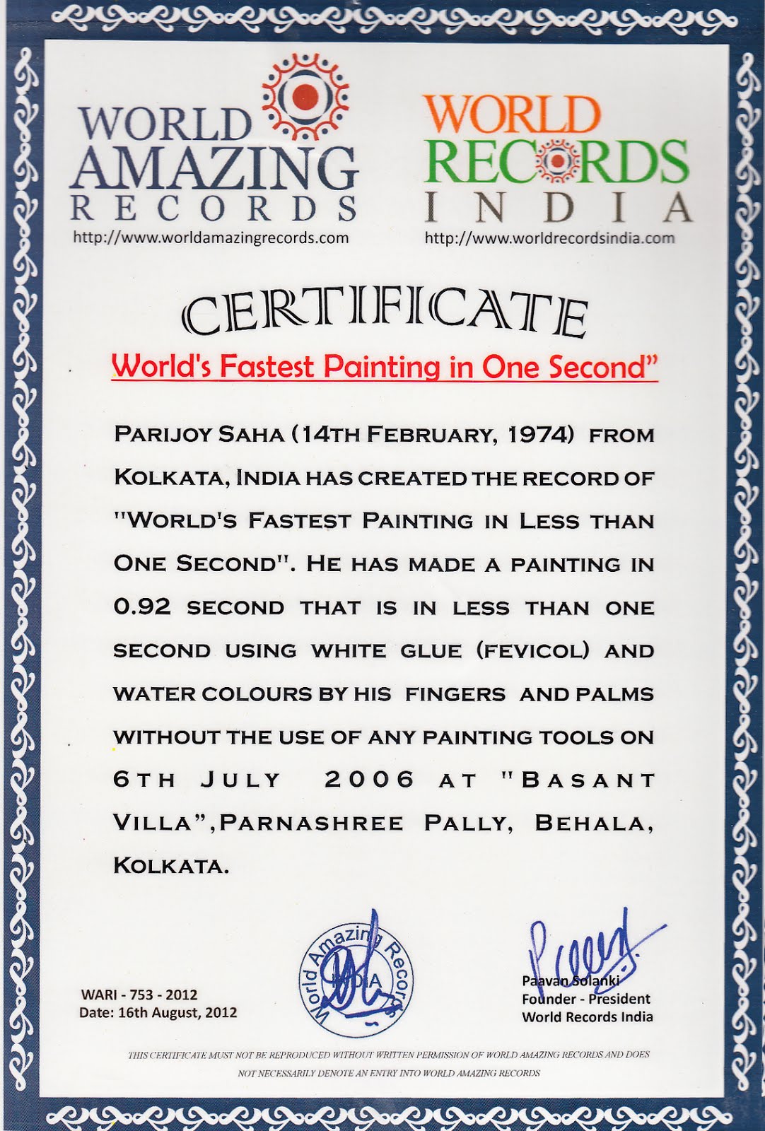 World Record Certificate World's Fastest Painting